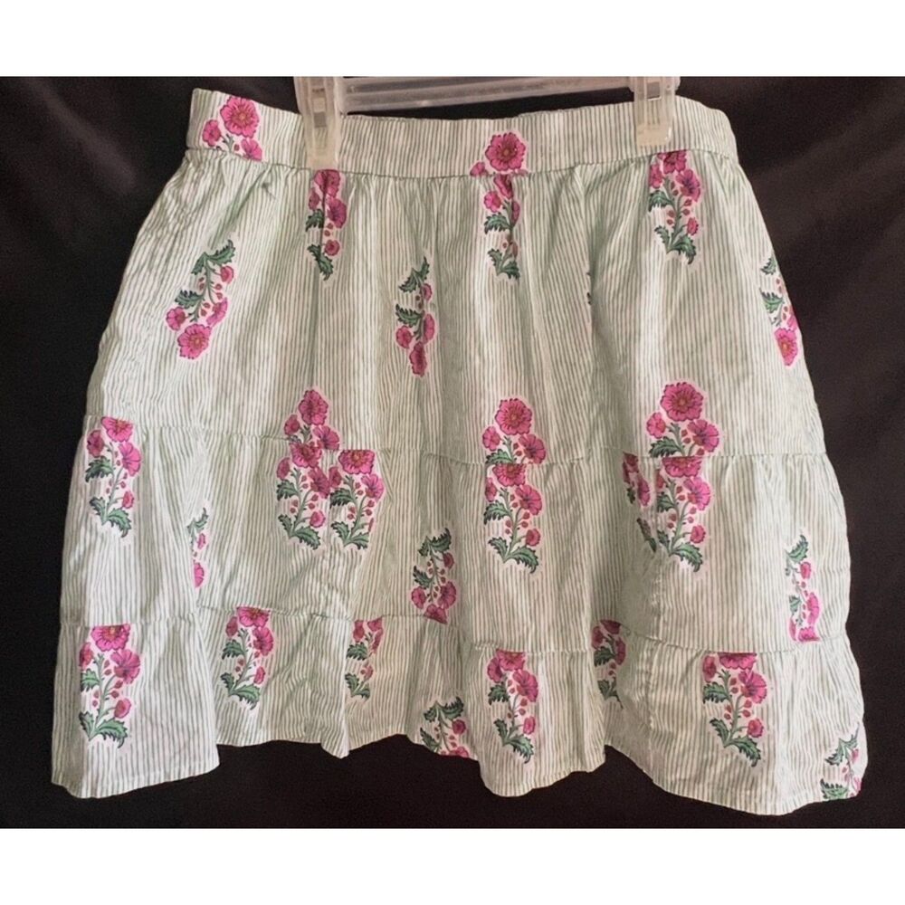 J.Crew Tiered Mini Skirt Green White Stiped Floral Cotton Flare Size Medium